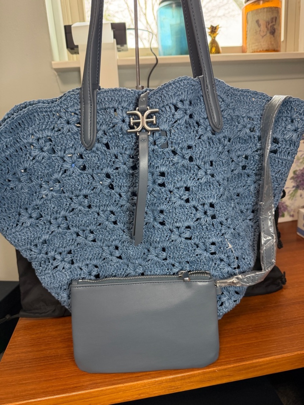 Sam Edelman Blue Crochet Tote with Leather Accents and Removable Pouch